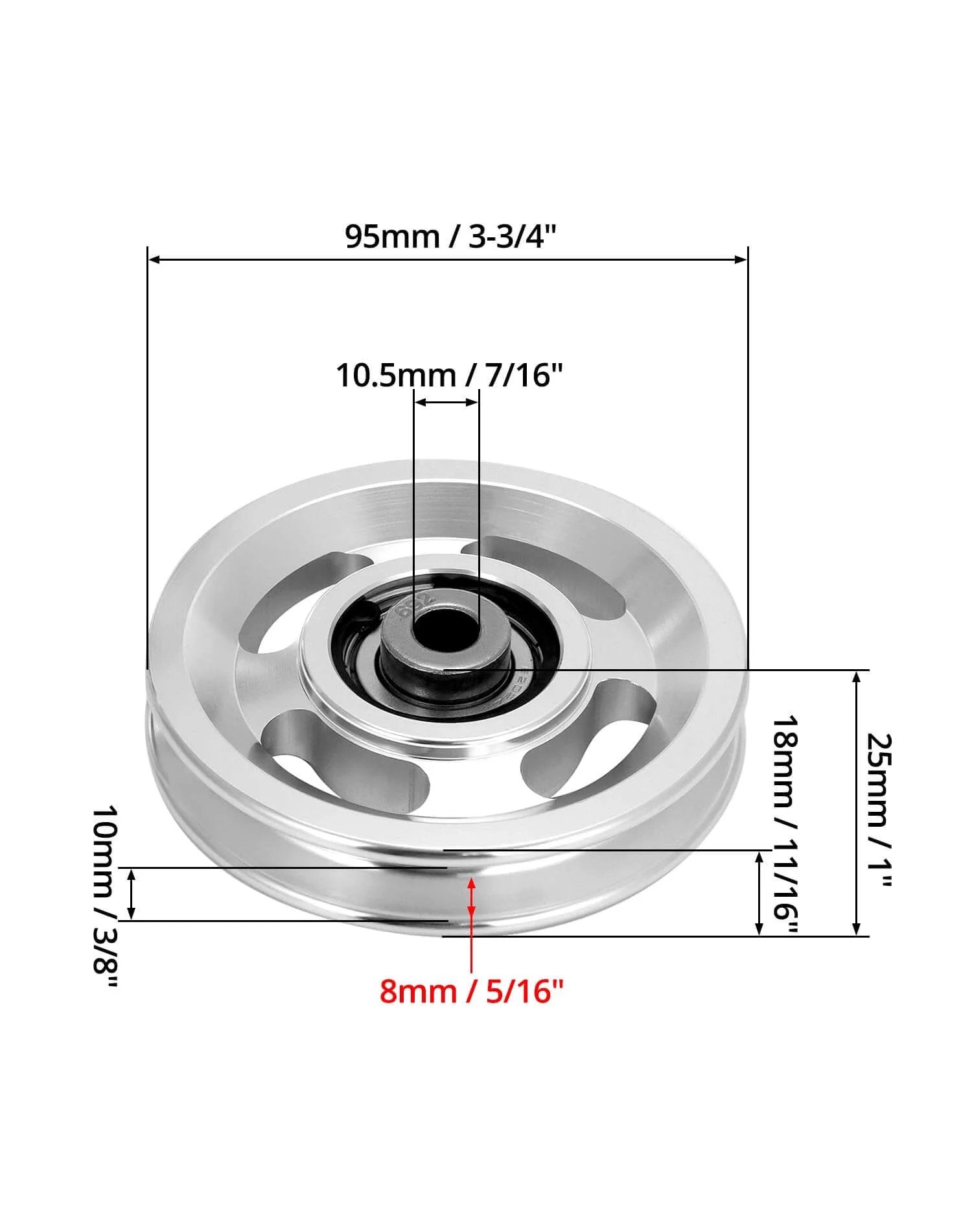 Universal Aluminium Alloy Bearing Pulley Wheel for Sports Fitness Equipment, 95mm Size, detailed dimensions, high load capacity.