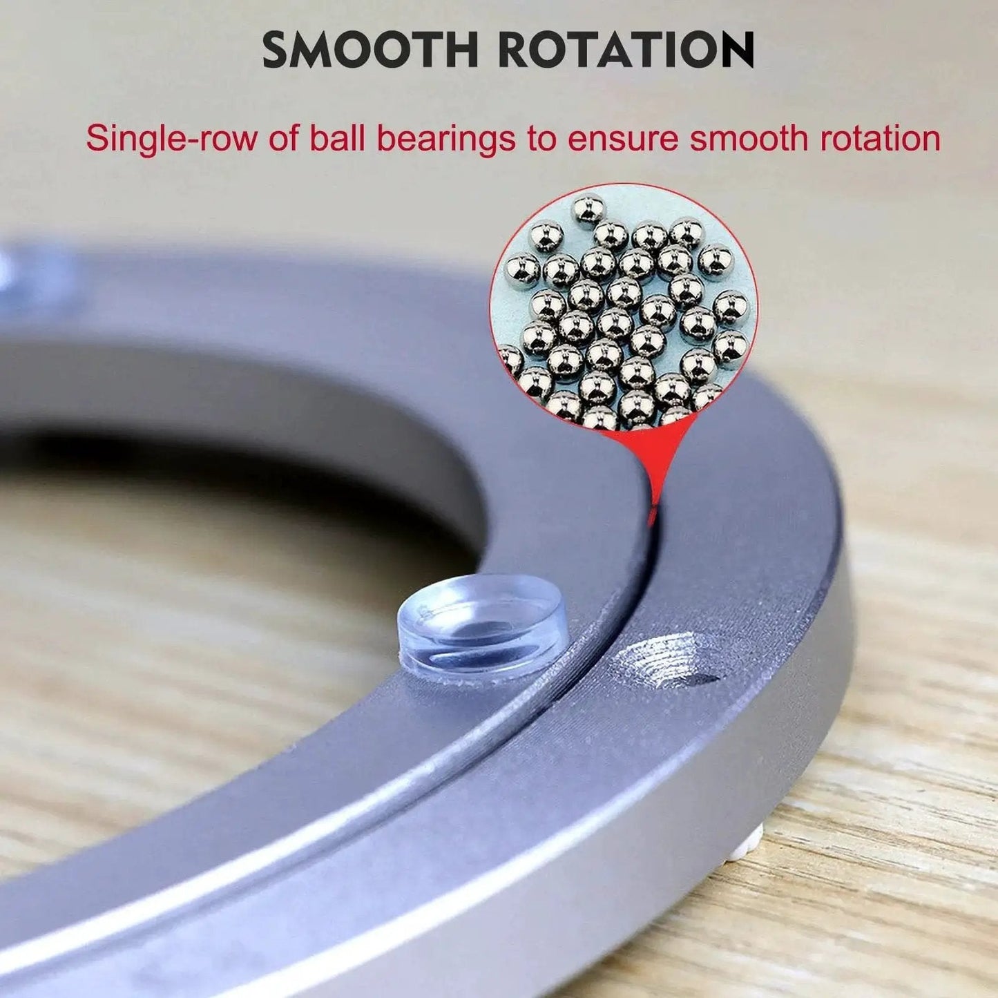 Close-up of heavy duty aluminium alloy turntable bearing for lazy Susan, showing smooth swivel ball bearings for stable rotation
