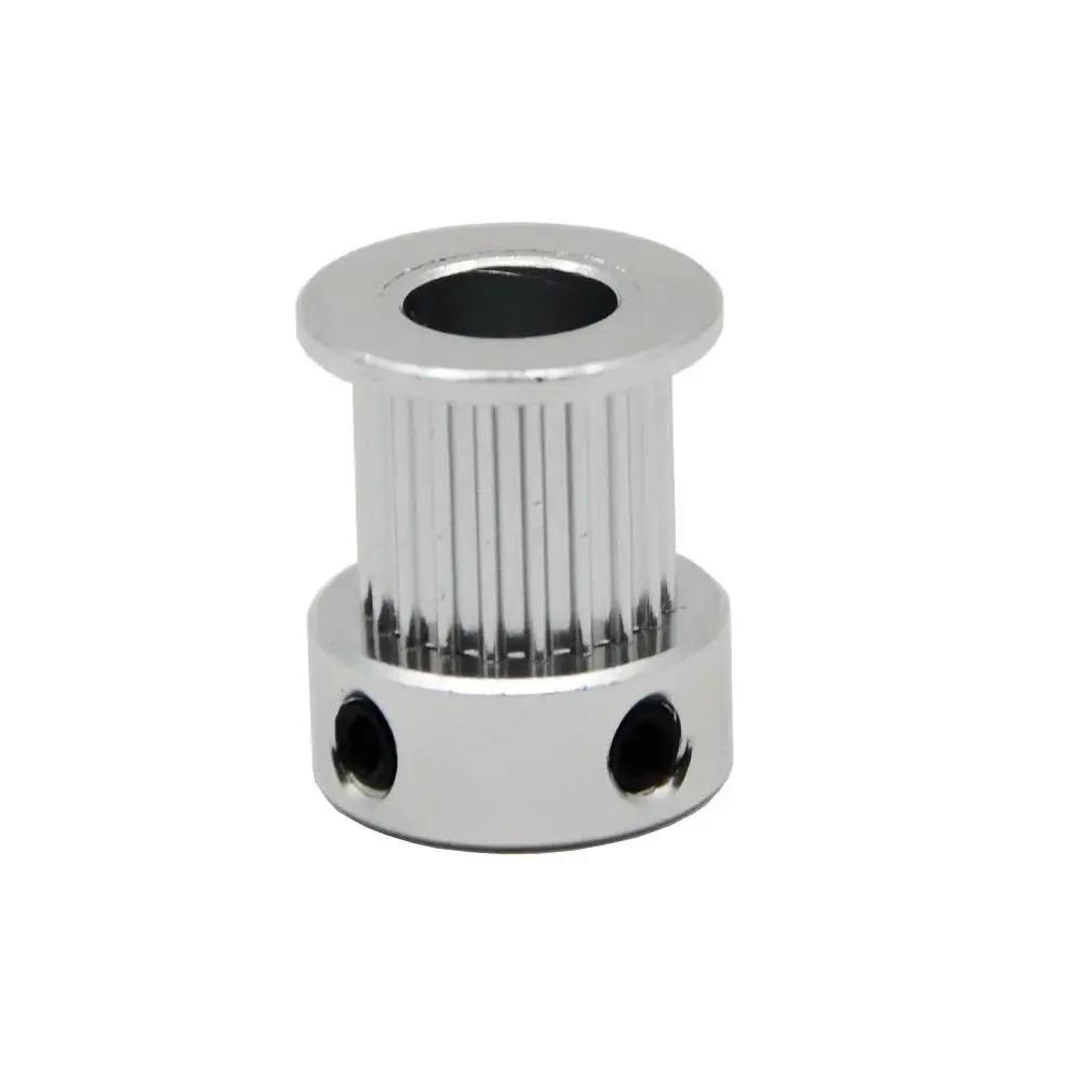 Close-up of durable aluminum 2GT timing pulley, 20 teeth, 8mm bore for 10mm width timing belt, compatible with 3D printers and CNC machines.