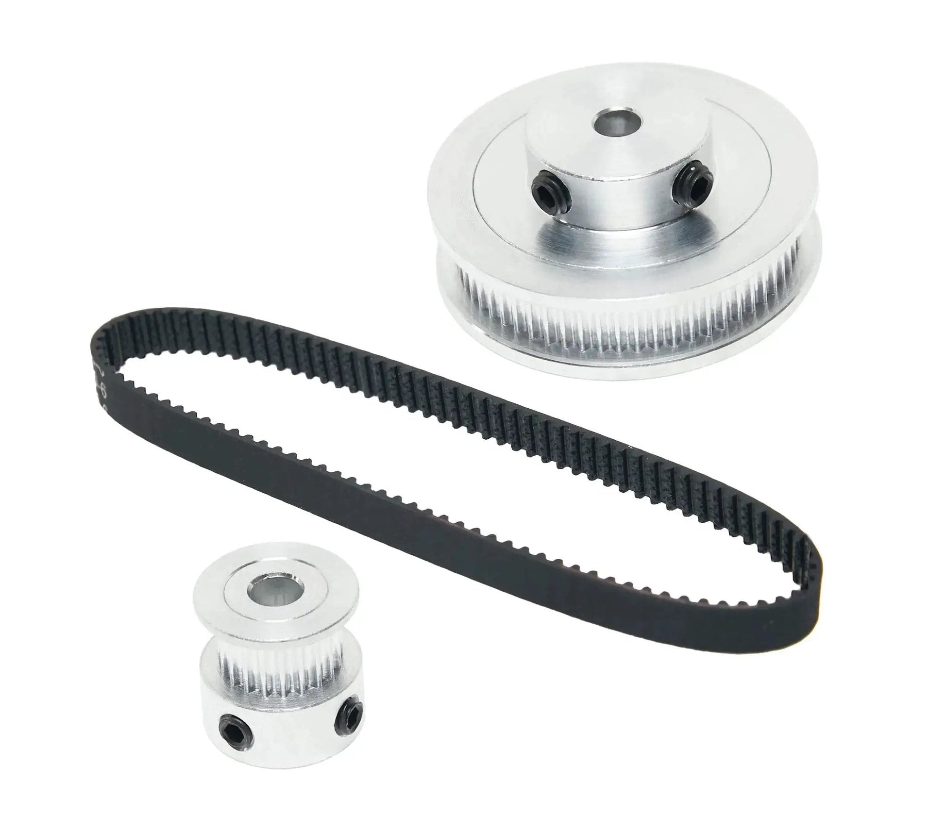 Two Pack Aluminum 2GT Timing Pulleys Set 20T And 60T With 5mm Bore Compatible With 2GT Synchronous Belts shown on white background
