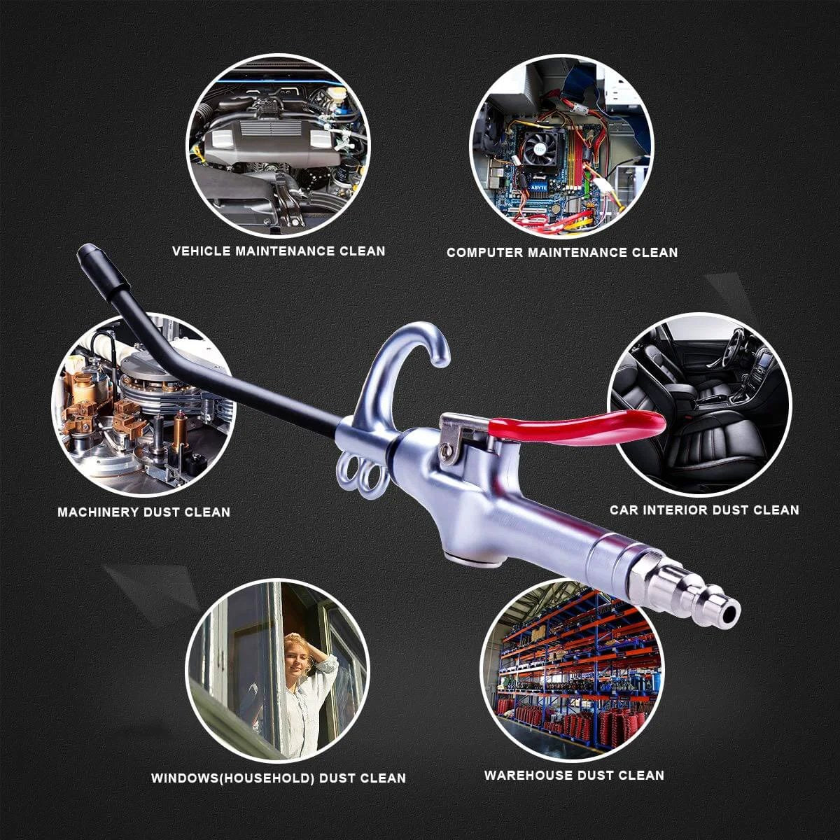 High Volume Air Blow Gun Alluminum Rubber Guard Air Flow Nozzle in industrial setting with cleaning use applications displayed