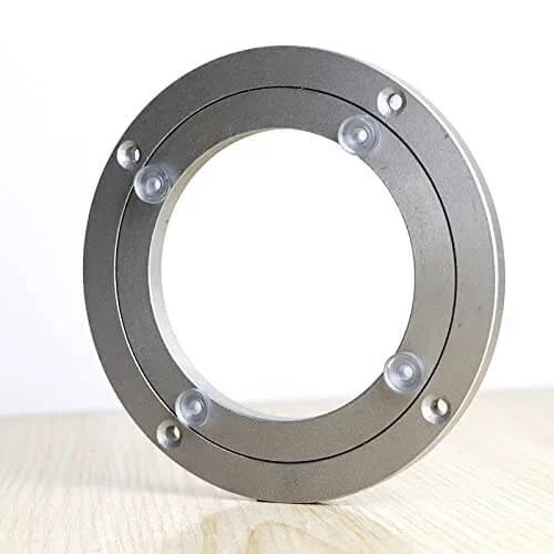 4 Inch Aluminum Alloy Lazy Susan Swivel Bearing on table, heavy duty round rotating turntable base with non slip feet, smooth rotation