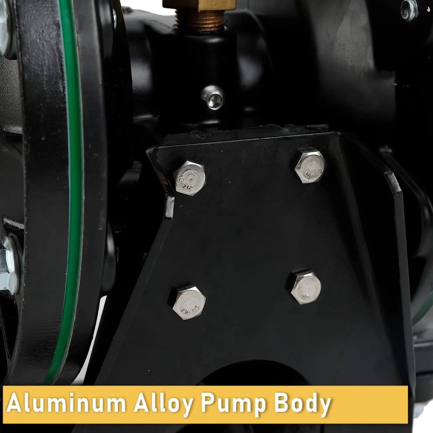 Close-up of aluminum alloy body on Air-Operated Double Diaphragm Pump, 35 GPM Dual Diaphragm Air Pump, highlighting bolts and structure.