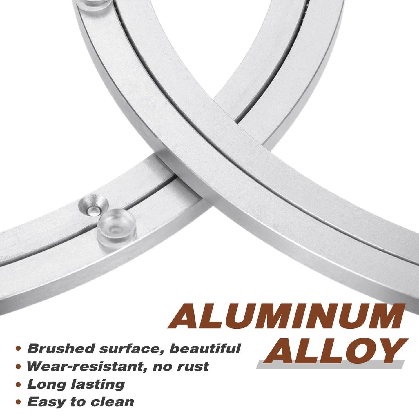 Close-up of 2 Pack 16 Inch Aluminum Lazy Susan Turntable Bearings with brushed surface, highlighting wear-resistance and non-slip feet.