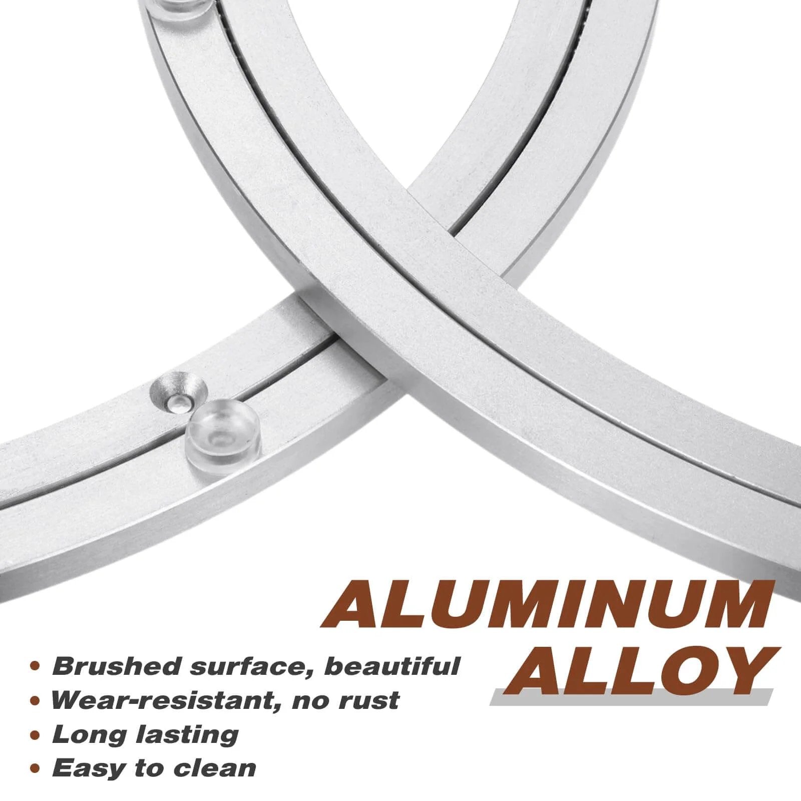 Close-up of 2 Pack 16 Inch Aluminum Lazy Susan Turntable Bearings with brushed surface, highlighting wear-resistance and non-slip feet.