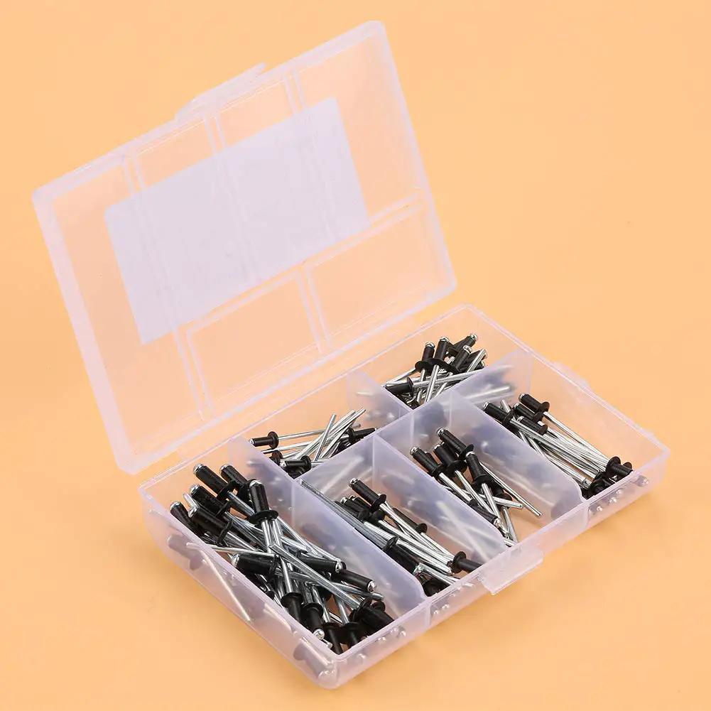 Aluminum Blind Rivets Set 120 Pieces Assorted Sizes Round Dome Head Pop Rivets With Smooth Mandrels in a plastic case