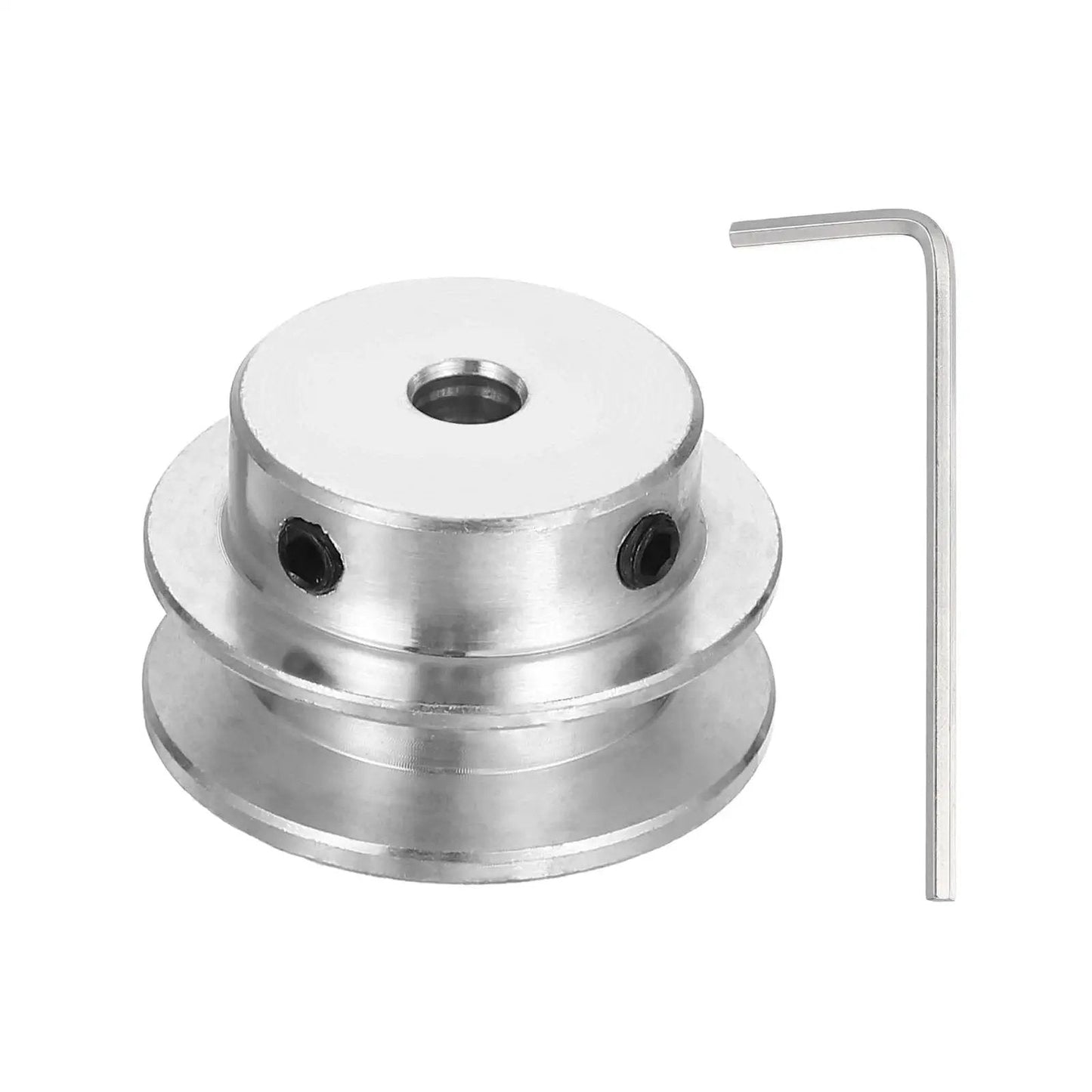Lightweight aluminum fixed-bore pulley for 5 to 6mm belts with 5mm bore, 30mm outer diameter, 7mm groove, hex wrench included.