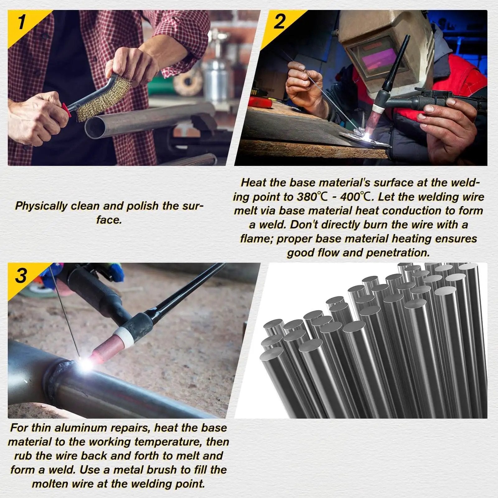 Steps for using Aluminum Brazing Rods Set Of Fifty No Flux Required with images showing cleaning, heating, and welding aluminum.