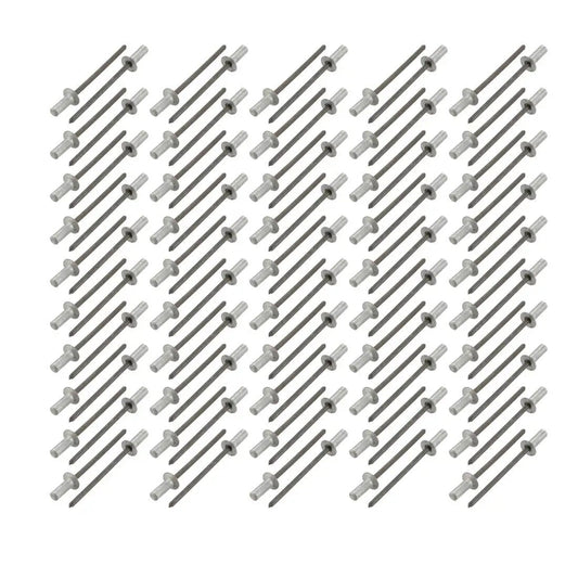 Aluminum Countersunk Head Closed End Blind Rivet Set 3.2mm x 9mm 6.1mm Flange Grip Range 3mm to 5mm 100 Pcs displayed.