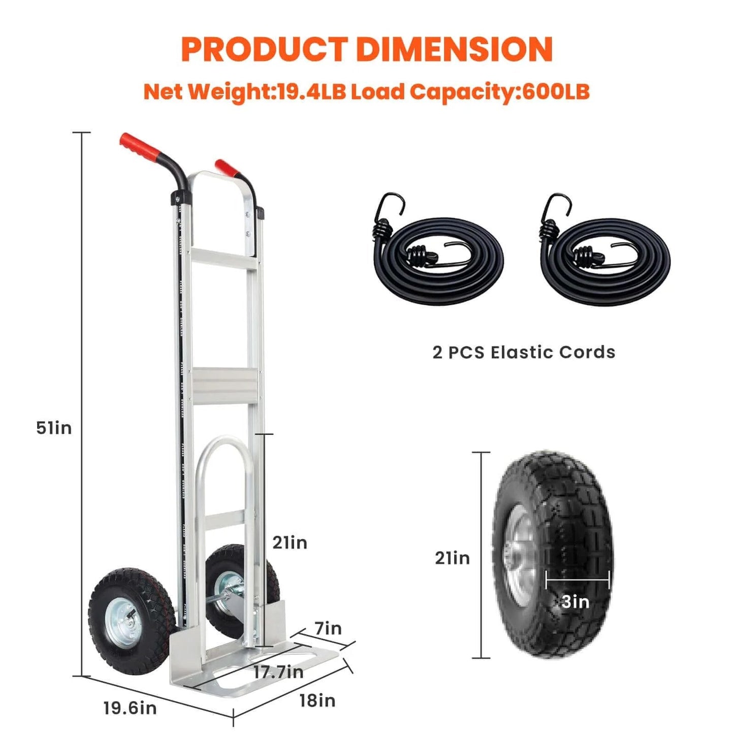 Aluminum Hand Truck Dolly Cart with 10" Pneumatic Tire, 600 LBS Capacity, including dimensions and elastic cords, for transport use.