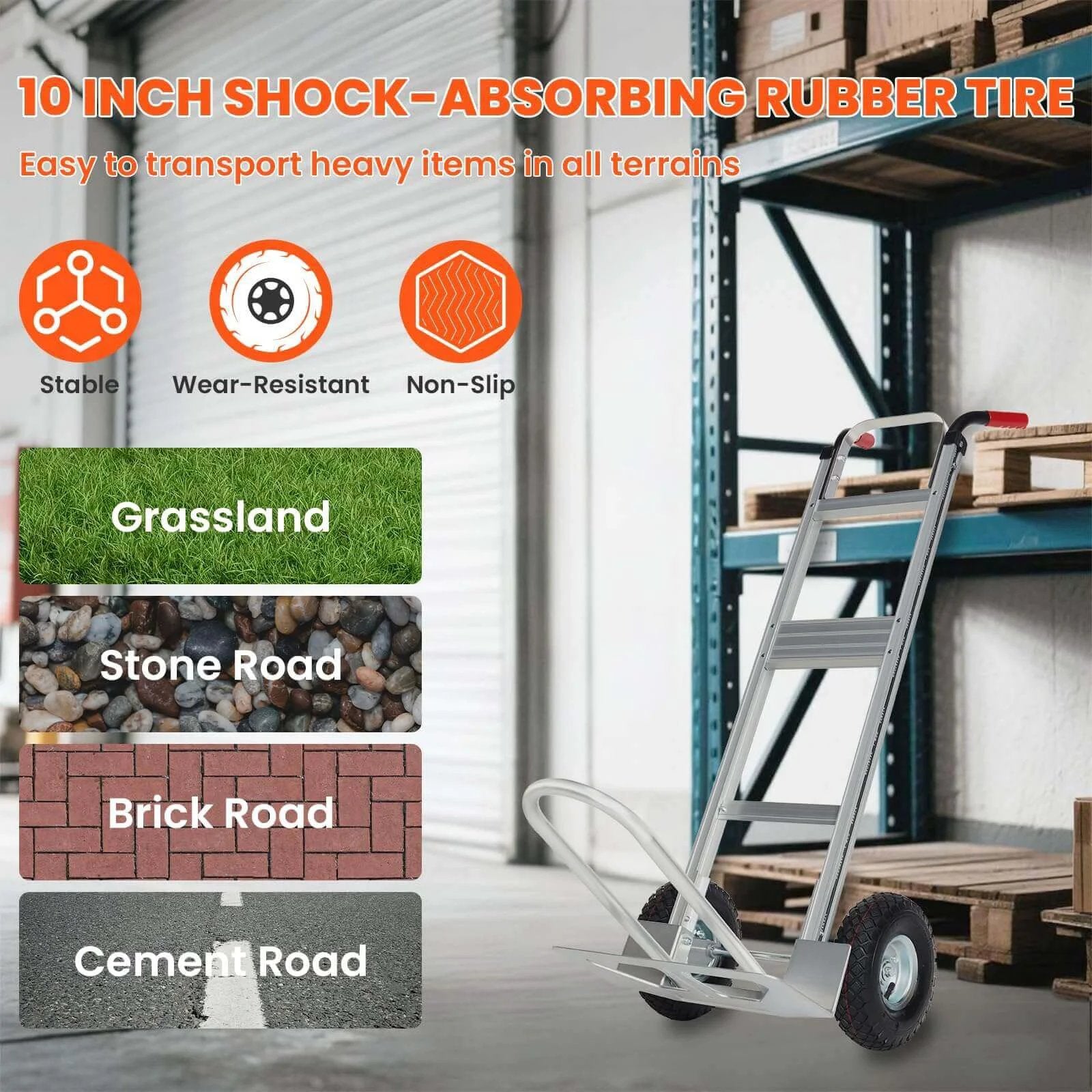 Aluminum Hand Truck Dolly Cart with 10" Pneumatic Tire, ideal for warehouse use, shown with tires suitable for grassland and stone roads