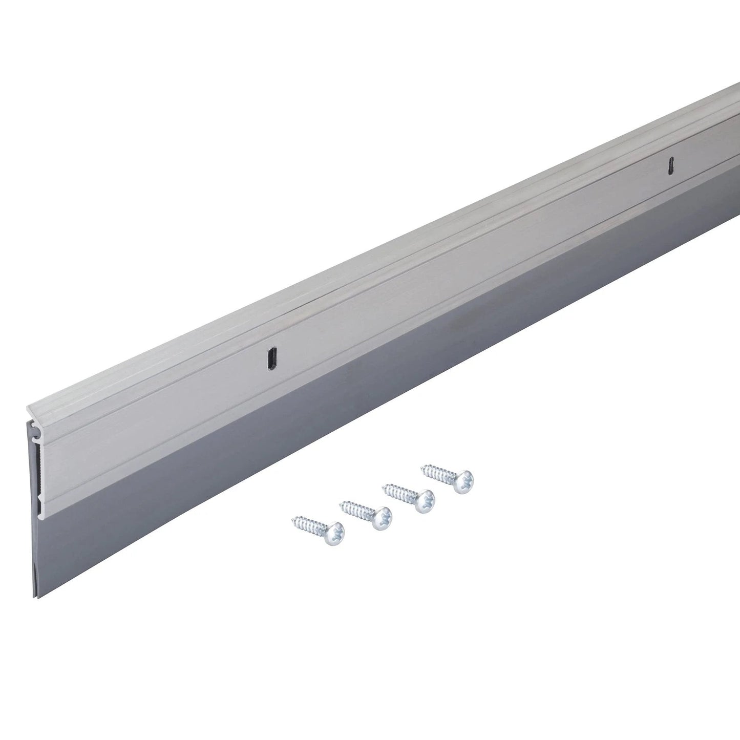 All Season Door Sweep With Heavy Duty Aluminum Carrier And Thick Vinyl Fin 36 Inch Silver with screws for easy installation.