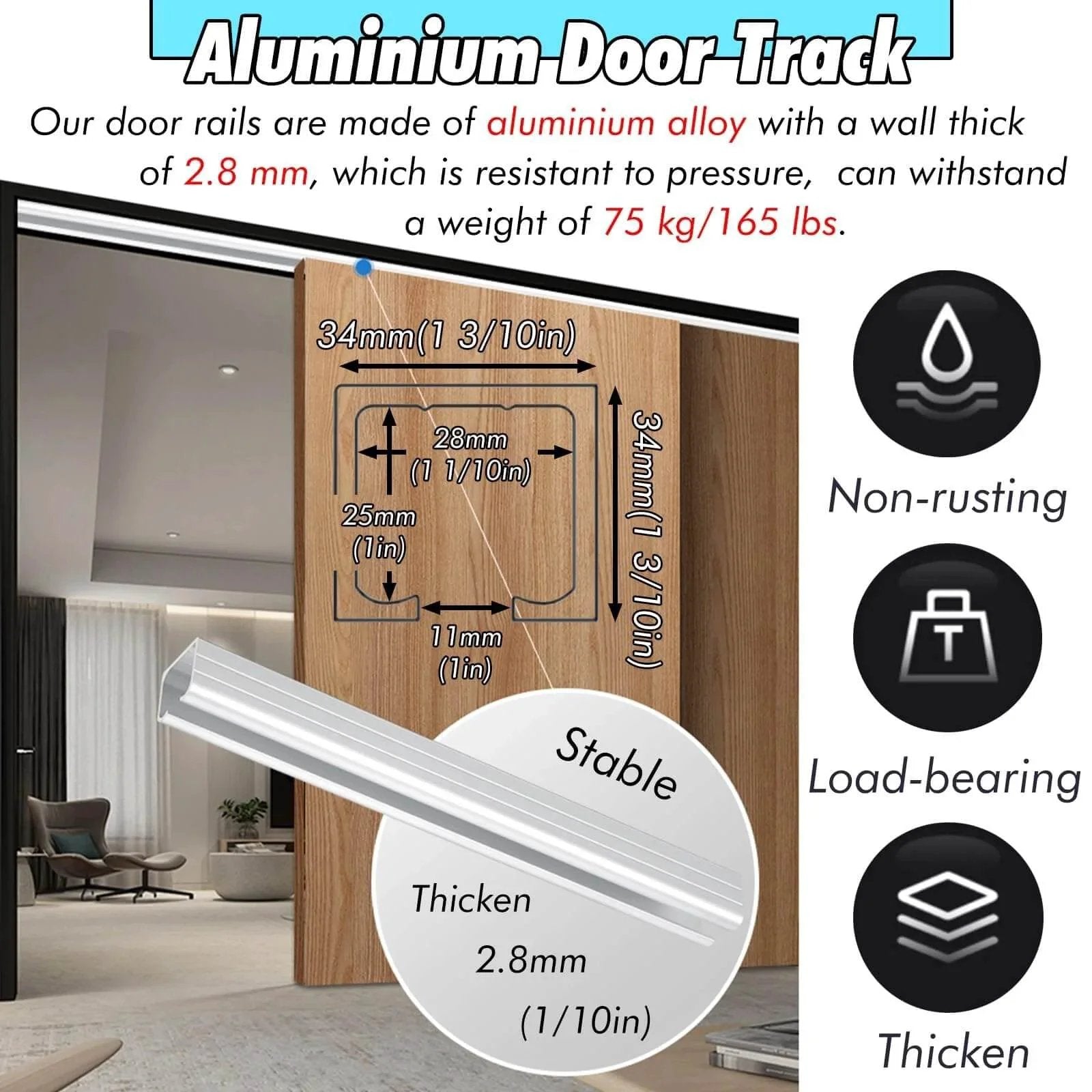 Aluminum door track with 2.8mm thickness, detailed in Bifold Closet Door Hardware Kit 60 70 72 80 90 100 in Track, wall mounted.