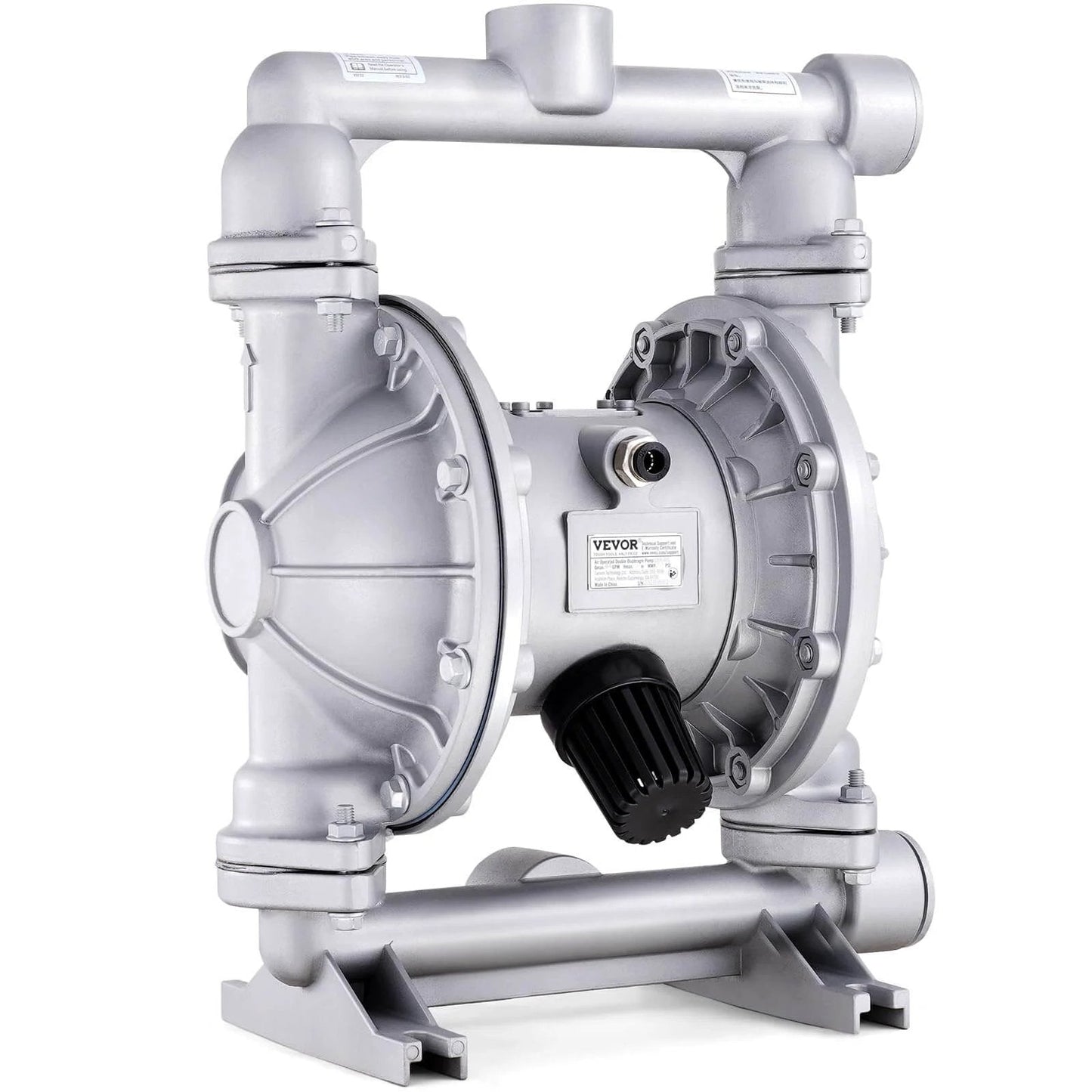 Front view of Air Operated Double Diaphragm Pump, 44GPM, Max 115PSI, aluminum alloy body with inlet and outlet ports visible.