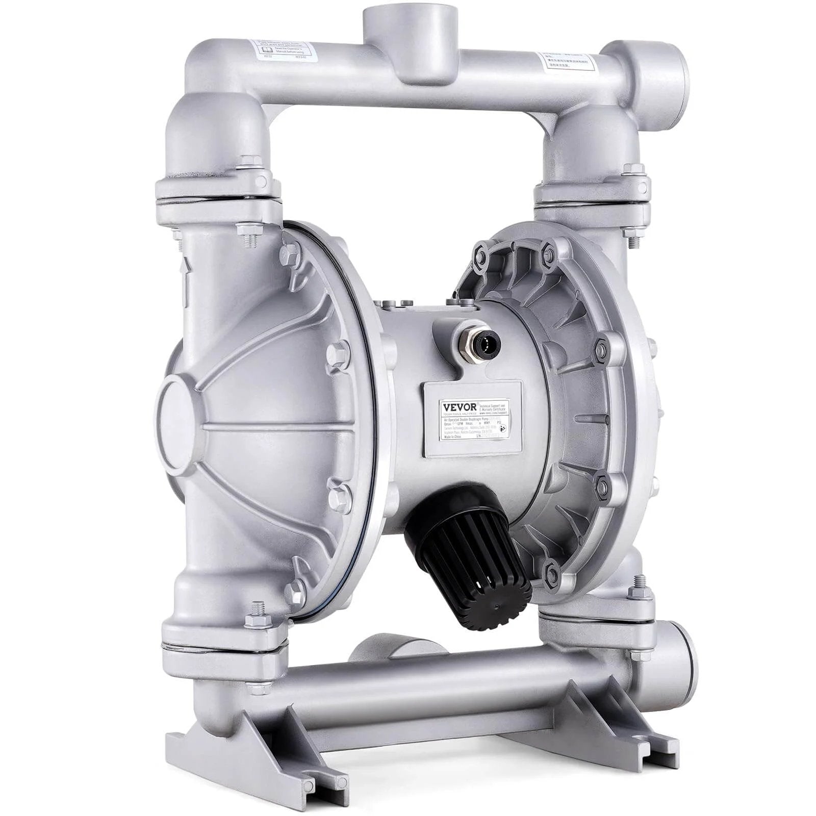 Front view of Air Operated Double Diaphragm Pump, 44GPM, Max 115PSI, aluminum alloy body with inlet and outlet ports visible.