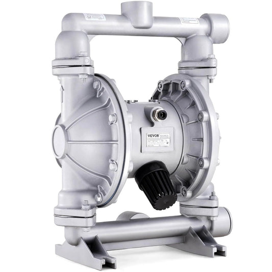 Front view of Air Operated Double Diaphragm Pump, 44GPM, Max 115PSI, aluminum alloy body with inlet and outlet ports visible.