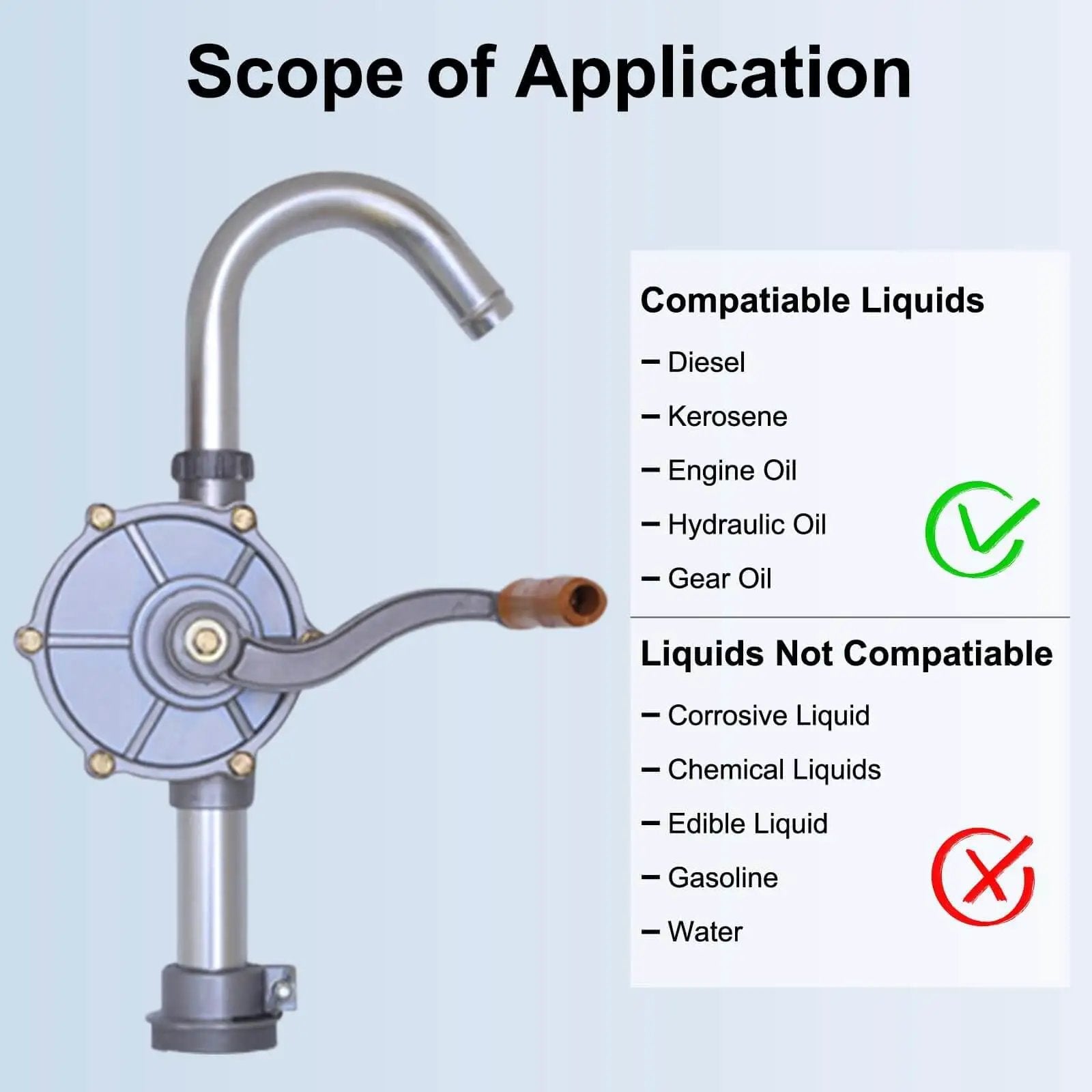 Beefy All Aluminum 15 To 55 Gallon Drum Pump For Oil Transfer displayed with compatible liquid chart