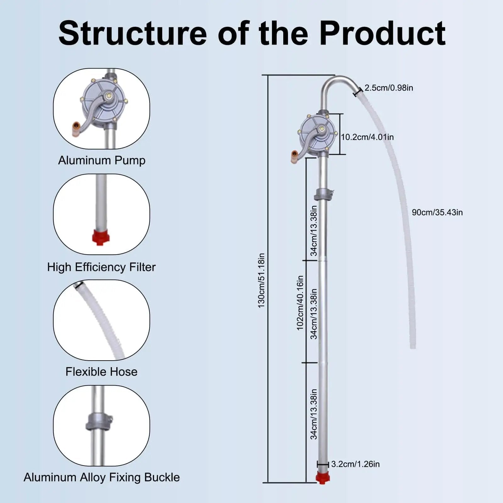 Diagram of Beefy All Aluminum 15 To 55 Gallon Drum Pump For Oil Transfer showing components and dimensions.