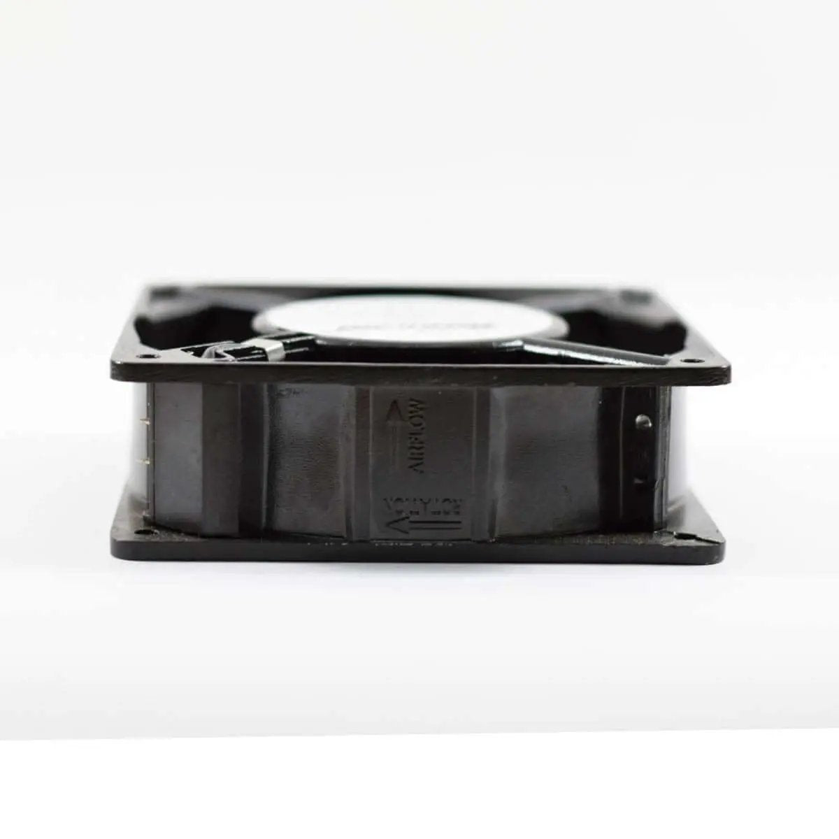 Side view of Square 4x4 Inch Aluminum Die Cast Exhaust Fan Panel Mount in Black showing compact design and durable housing for ventilation.