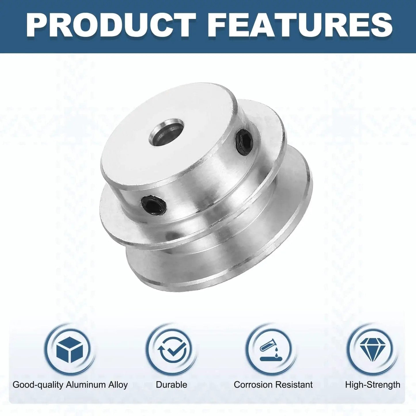 Lightweight aluminum fixed-bore pulley for 5 to 6mm belts, with 5mm bore, 30mm outer diameter and 7mm groove, showing product features.