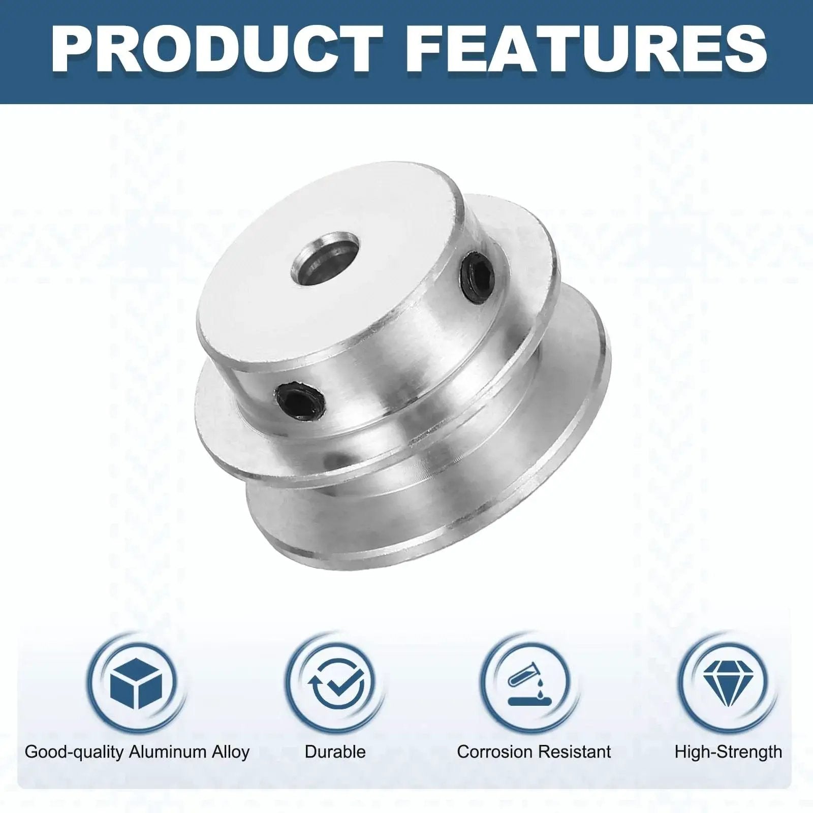 Lightweight aluminum fixed-bore pulley for 5 to 6mm belts, with 5mm bore, 30mm outer diameter and 7mm groove, showing product features.