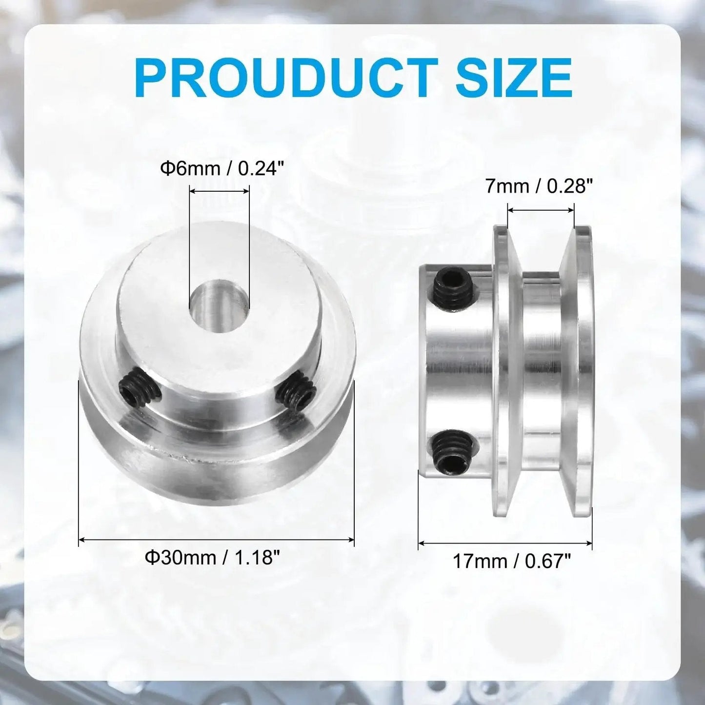 Aluminum Fixed Bore Pulley 6mm Bore 30mm Outer Diameter With 7mm Groove For 5 6mm PU Belts shown with dimensions