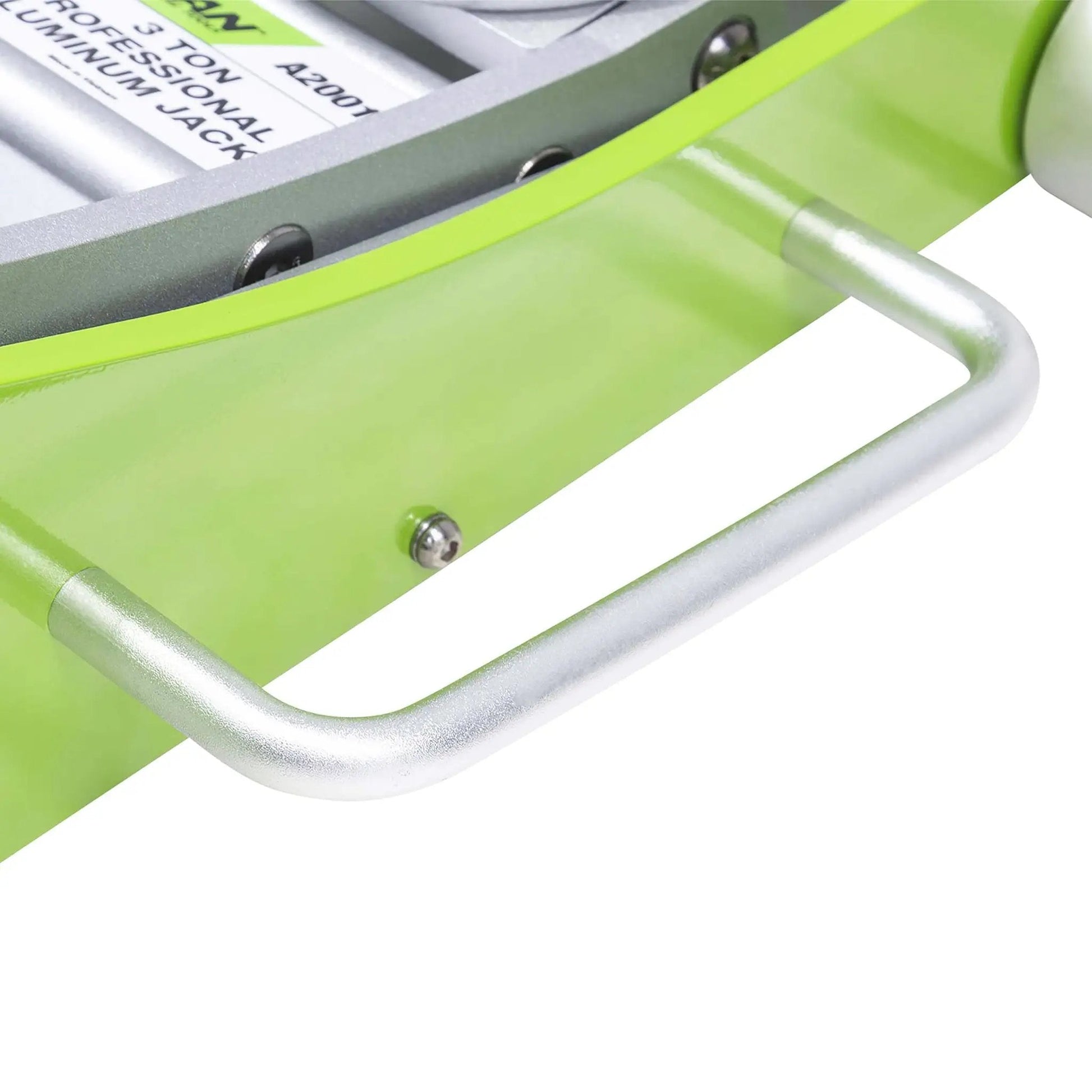 Close-up of the side mount handle on a 3-Ton Quick Rise Aluminum Floor Jack With Dual Pump Pistons, Reinforced Lift Arm.