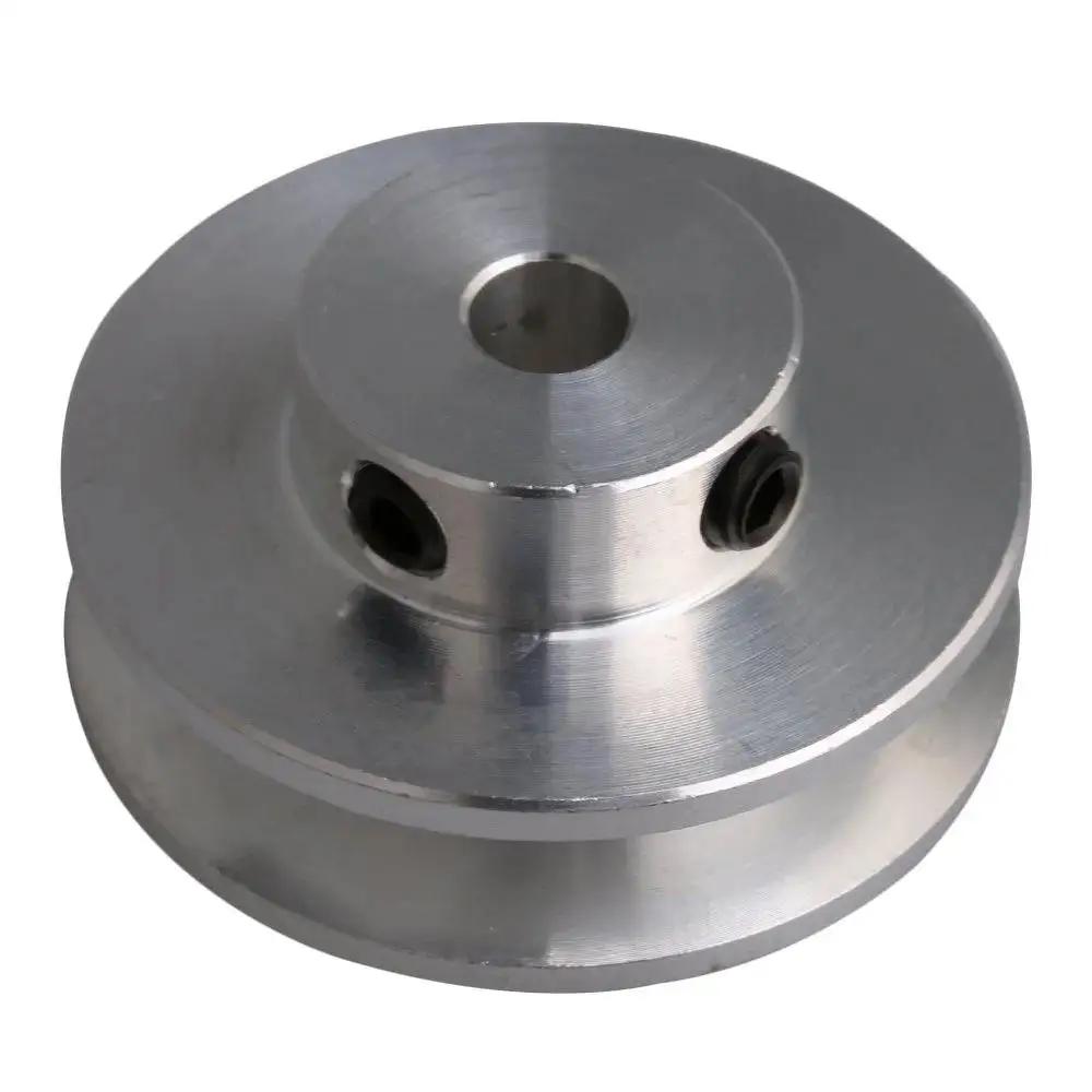 Aluminum single groove pulley 31mm diameter 5mm bore for 3-5mm PU round belts in DIY machines like hobby mills, close-up view.