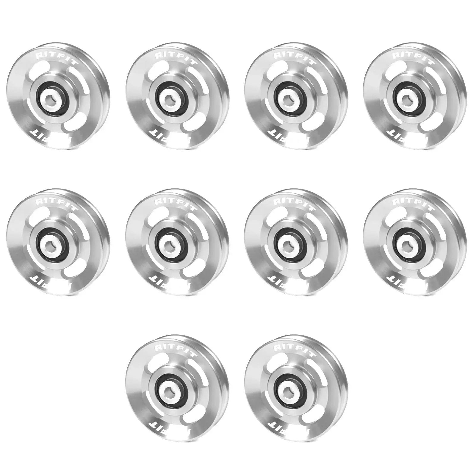 Pro Grade Aluminum Heavy Duty Pulley Wheel For Gym Equipment RitFit 90mm Bearing Pulley Set displayed in a six pack format.