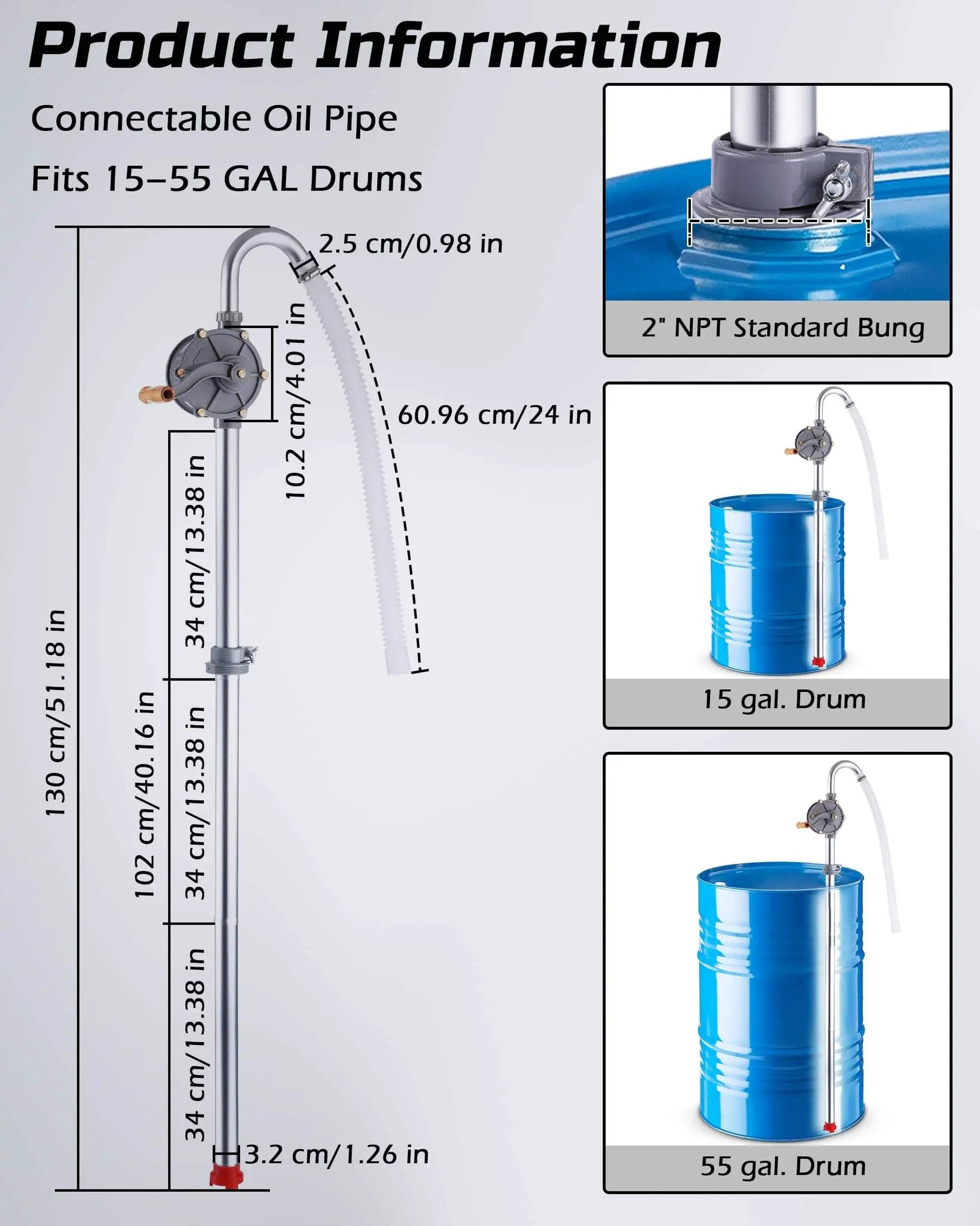 Diagram of All Aluminum Hand Crank Drum Pump For 55 Gallon Barrels, showing size and components, fits 15-55 gallon drums.