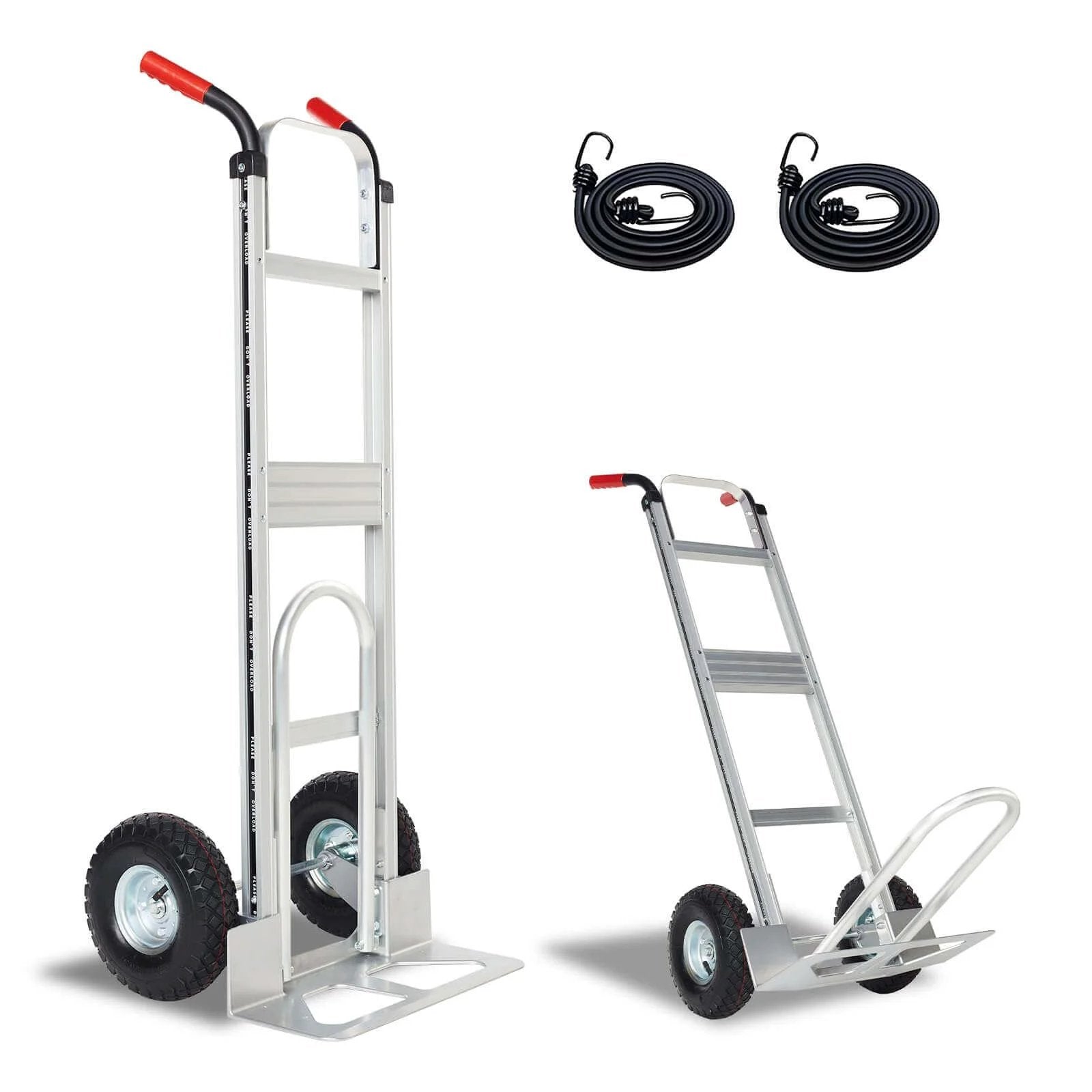 Aluminum Hand Truck Dolly Cart with 10" Pneumatic Tire,Hand Trucks Heavy Duty 600 LBS Capacity shown with elastic cords