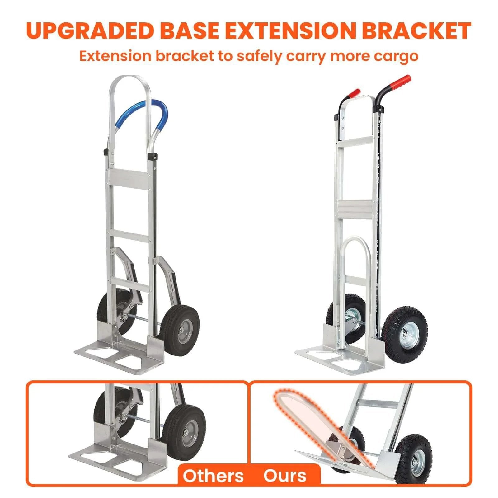Aluminum Hand Truck Dolly Cart with 10" Pneumatic Tire,Hand Trucks Heavy Duty 600 LBS Capacity, upgraded base extension bracket