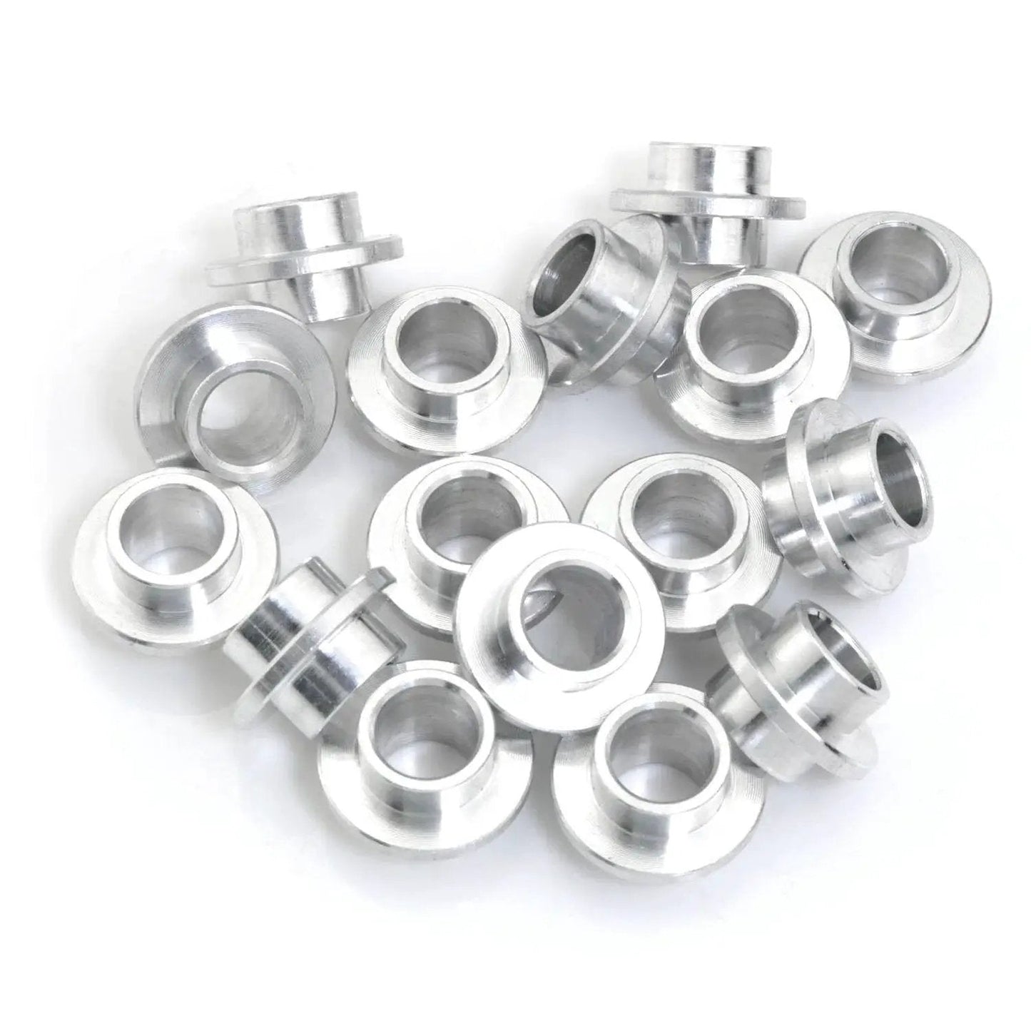 Aluminum Inline Skate Bearing Bushing Spacers Kit 16 Pieces With 8mm Axle Spacers For Wheel Center Bearings in a scattered arrangement