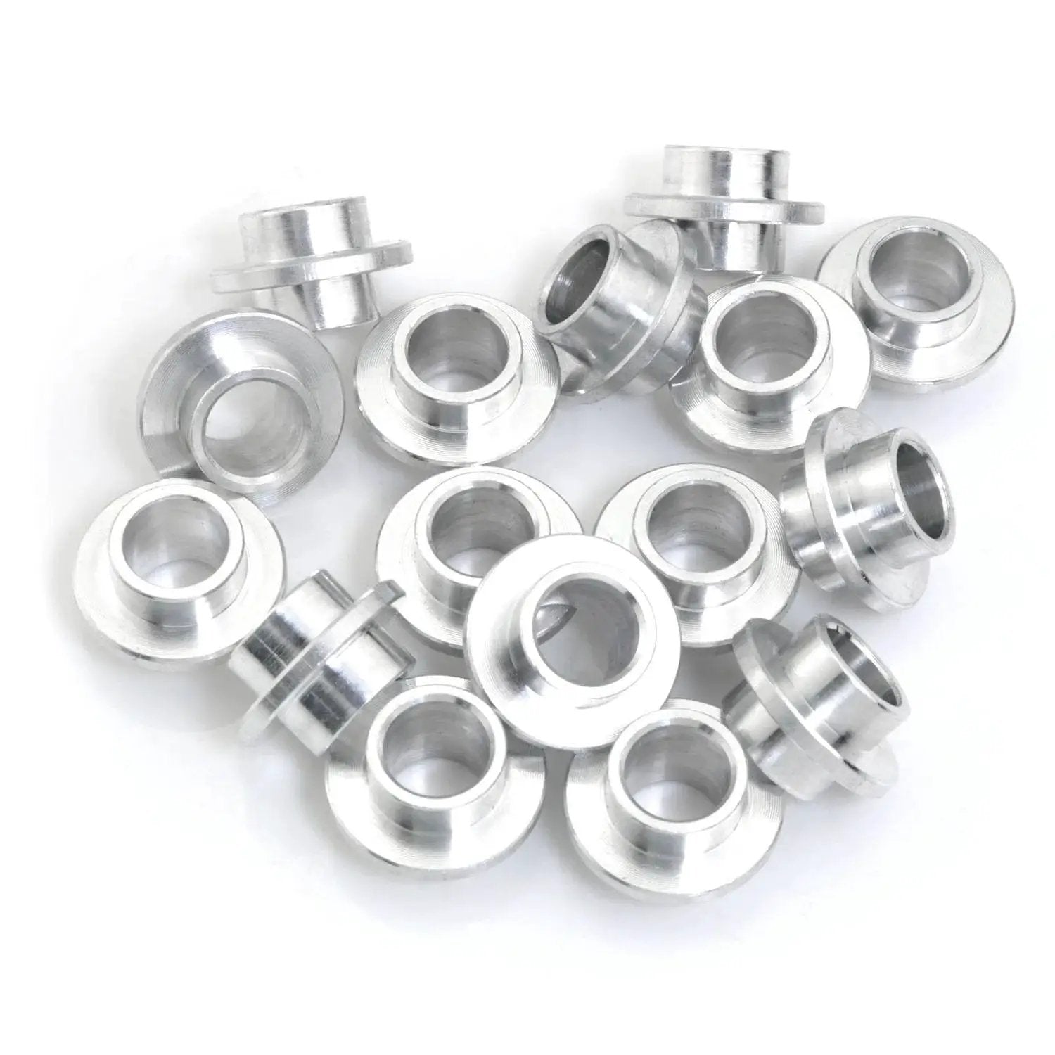 Aluminum Inline Skate Bearing Bushing Spacers Kit 16 Pieces With 8mm Axle Spacers For Wheel Center Bearings in a scattered arrangement
