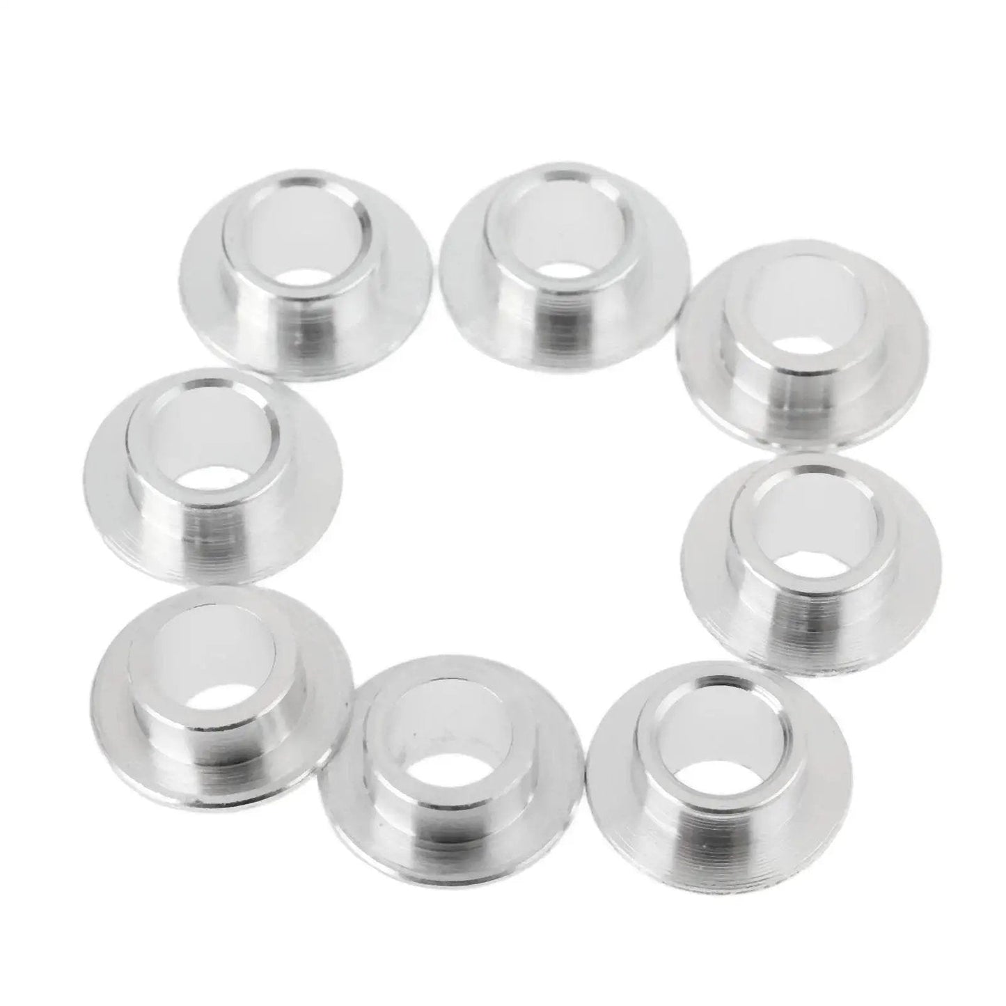 8-Pack Inline Skate Bearing Spacers For 8mm Axles shown in a circular arrangement, aluminum construction for smooth rolling outdoors.
