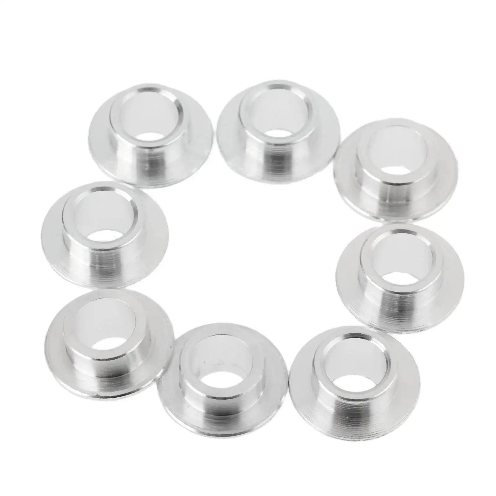8-Pack Inline Skate Bearing Spacers For 8mm Axles shown in a circular arrangement, aluminum construction for smooth rolling outdoors.