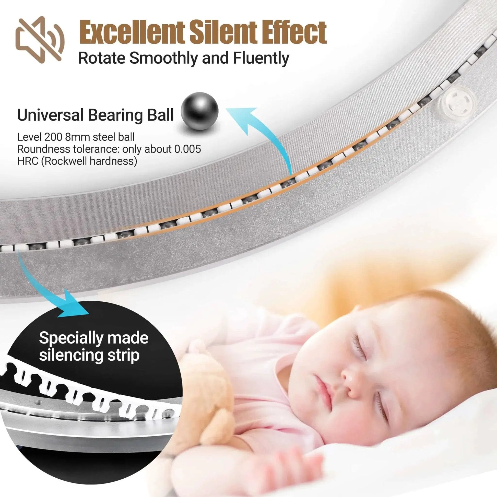 Close-up of Heavy Duty Aluminium Lazy Susan Bearing showing universal bearing ball and silencing strip, with sleeping baby image and text details.