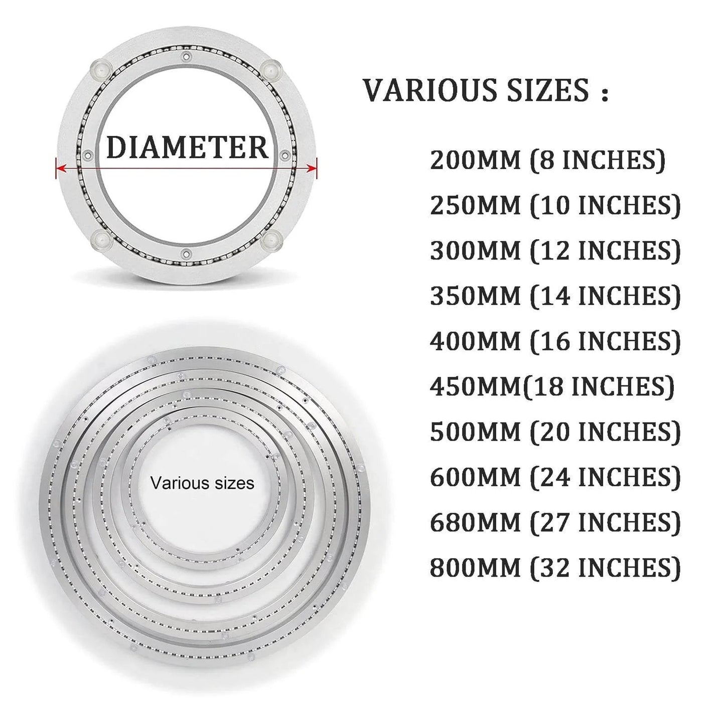 Various sizes of 16 Inch Aluminum Lazy Susan Turntable Bearing, Heavy Duty Swivel Round Rotating Plate, diagram with measurements.