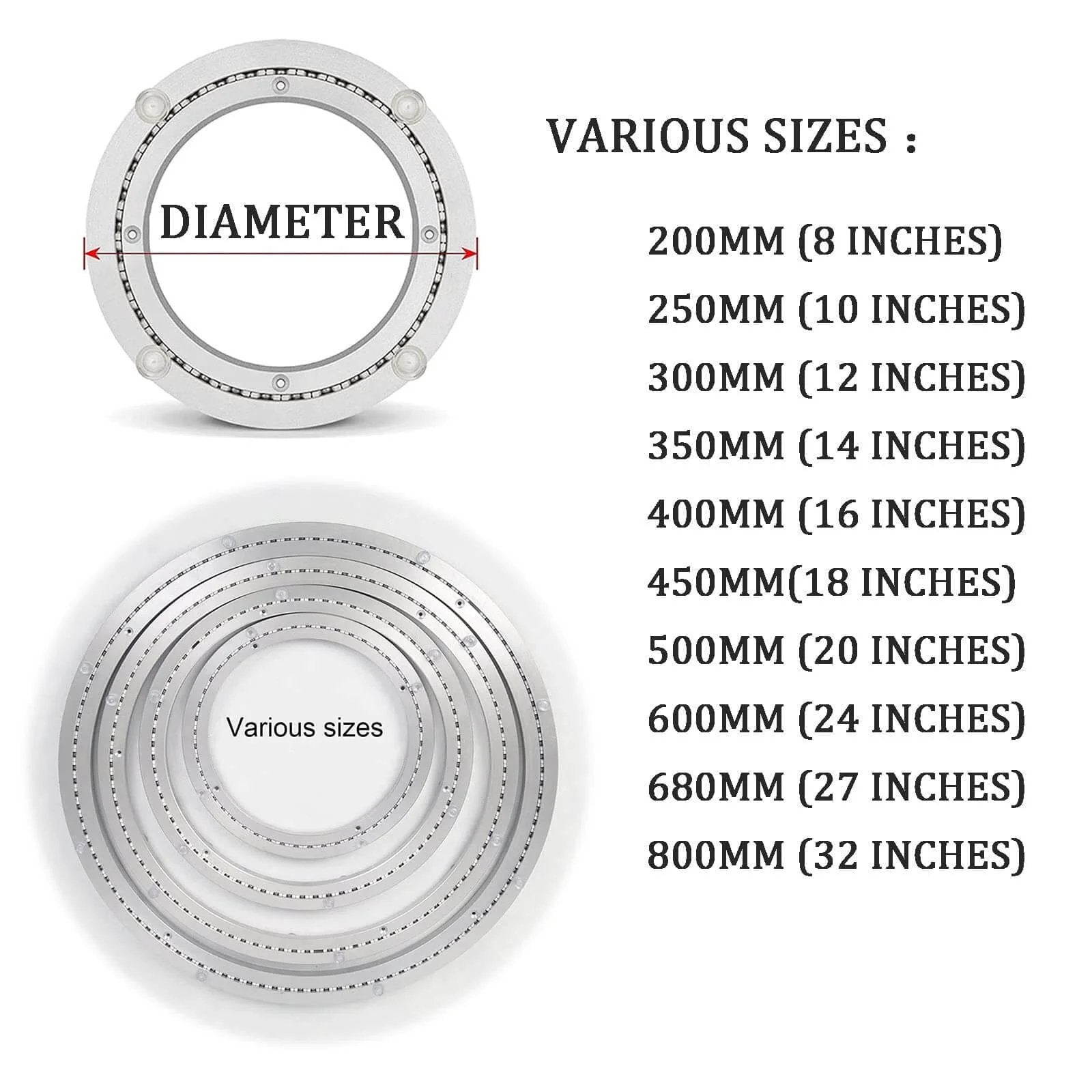 Various sizes of 16 Inch Aluminum Lazy Susan Turntable Bearing, Heavy Duty Swivel Round Rotating Plate, diagram with measurements.