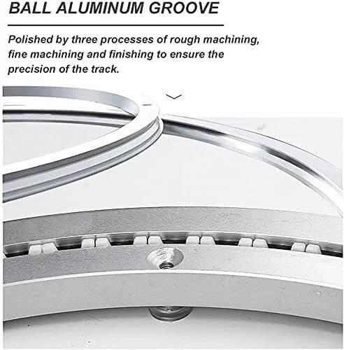 Close-up of Aluminum Alloy Lazy Susan Turntable Bearing with brushed silver groove detail and ball bearings for smooth rotation.