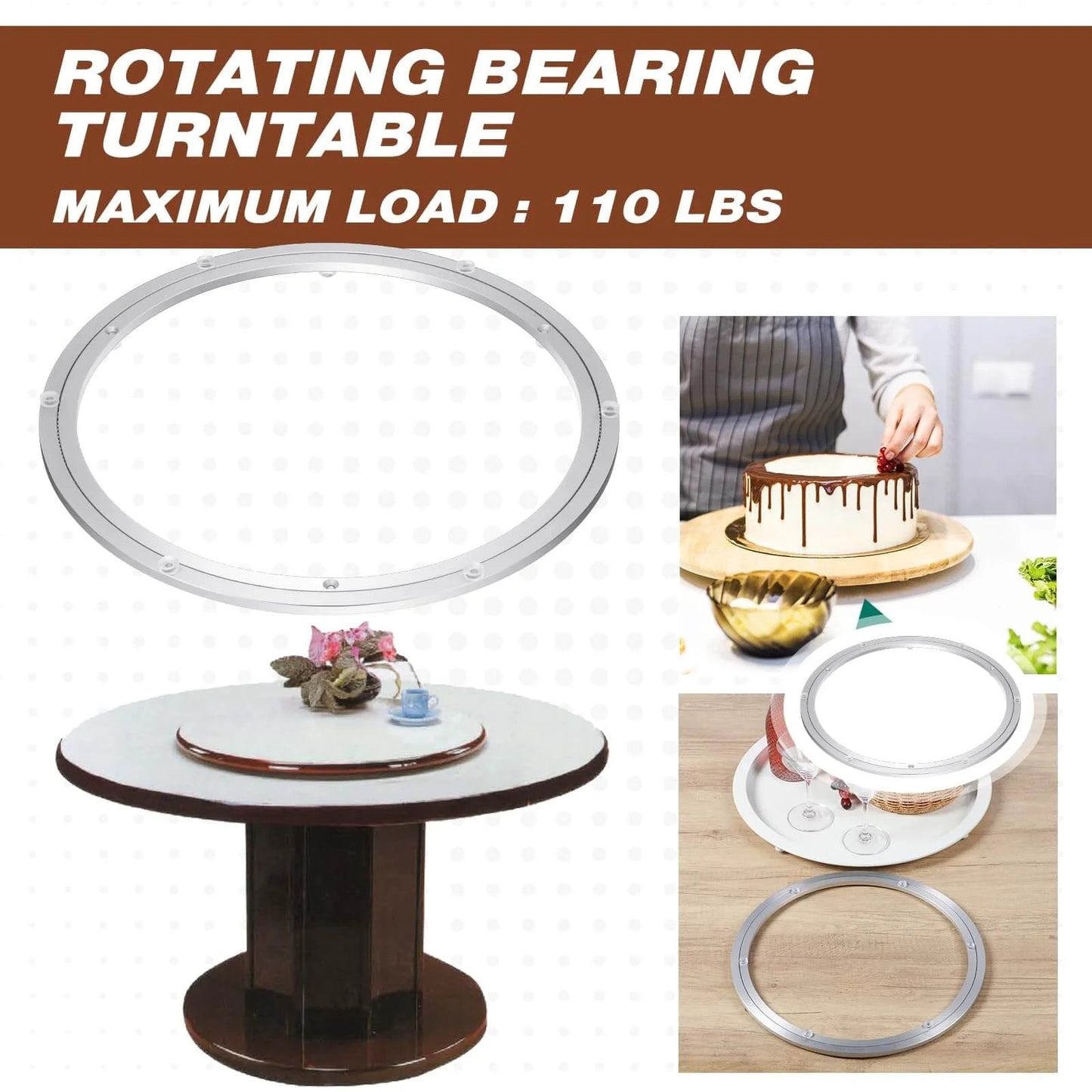 2 Pack 16 Inch Aluminum Lazy Susan Turntable Bearings, shown in kitchen use and installed under a dining table with 110 lbs load capacity.