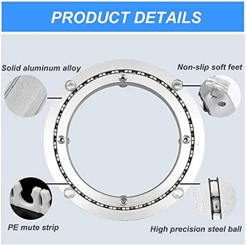 Aluminum Alloy Lazy Susan Turntable Bearing details; silent swivel plate features non-skid pads, brushed silver finish, PE strip, steel ball