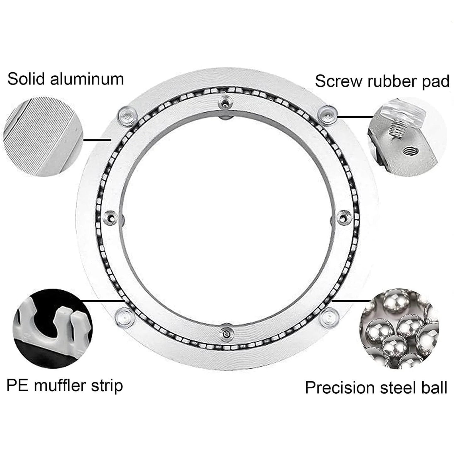 16 Inch Aluminum Lazy Susan Turntable Bearing with solid aluminum, screw rubber pad, PE muffler strip, and precision steel balls