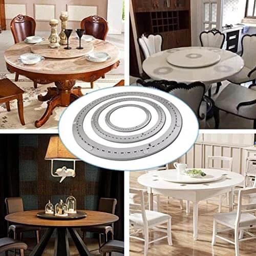 Aluminum Alloy Lazy Susan Turntable Bearing displayed on various dining tables, Heavy Duty Silent Swivel Plate with Smooth Rotation, Brushed Silver Finish.