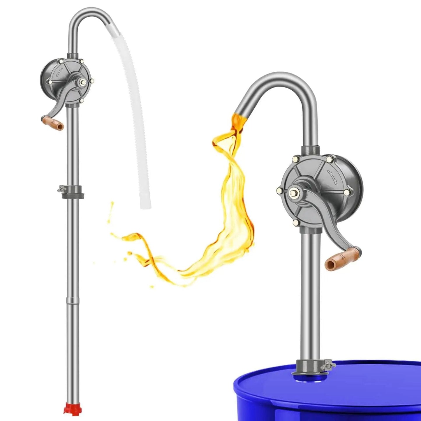 55 Gallon Drum Pump For Oil, Diesel, Kerosene, And Hydraulic Fluid, Rotary All Aluminum Manual Hand Transfer Pump with fluid flowing