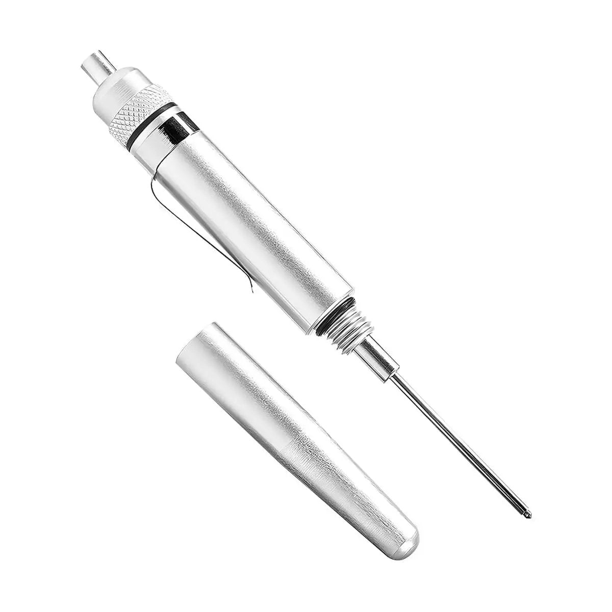 Aluminum Precision Vehicle Oiler Pen With Pinpoint Applicator And Pocket Clip Cover for SUVs RVs Trucks, open with cap removed