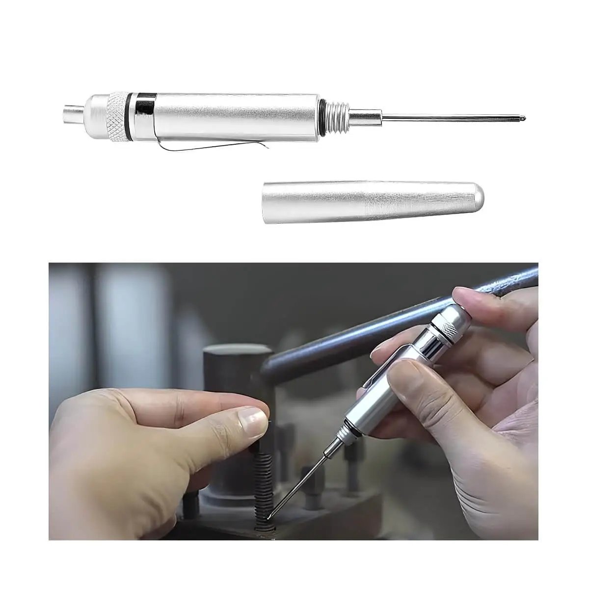 Aluminum Precision Vehicle Oiler Pen With Pinpoint Applicator And Pocket Clip Cover, shown with cap off, in use for engine lubrication.