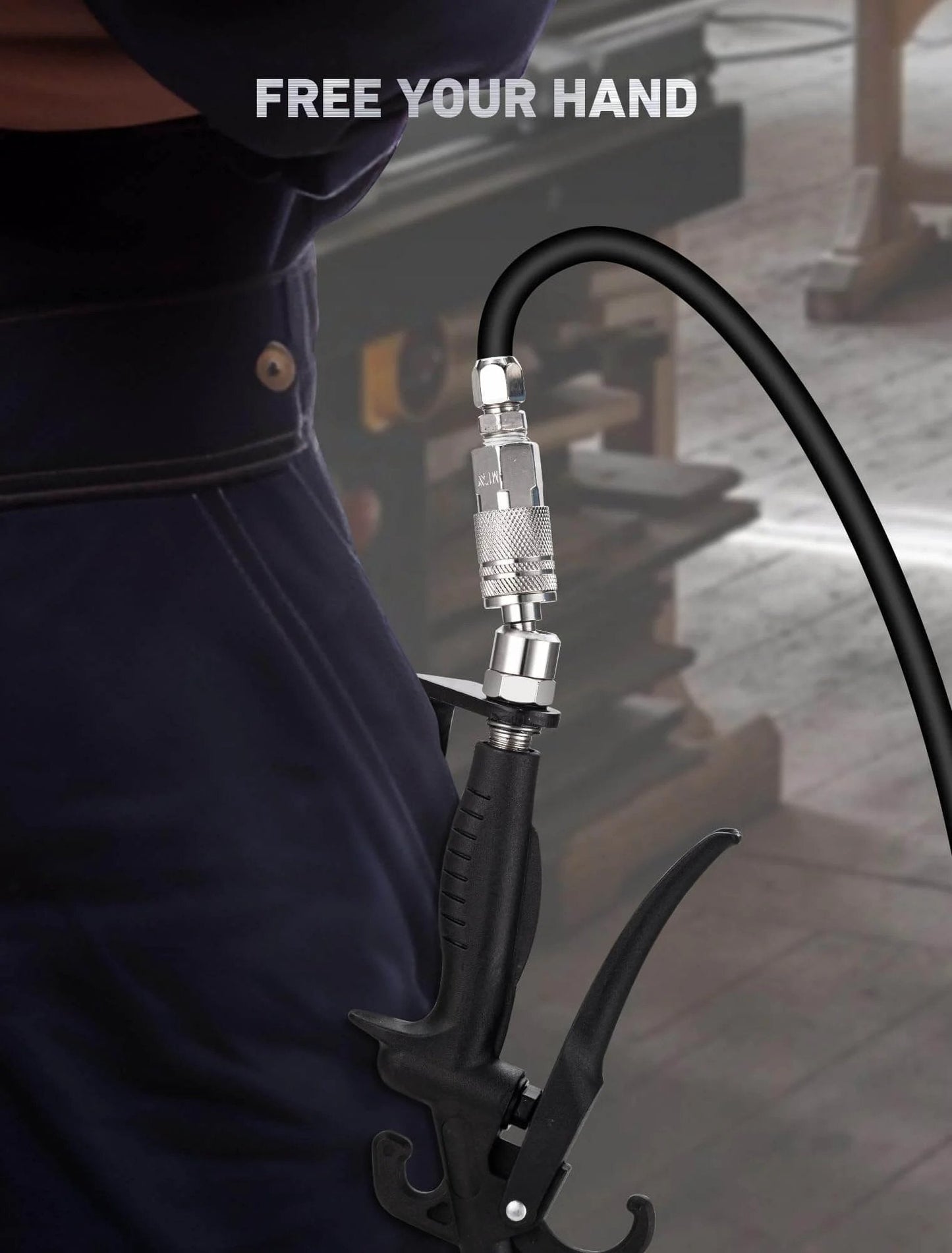 Pneumatic Tool Rafter Hook Hanger with 1/4 Inch & 360° Swivel Air Fitting holding air tool on worker's belt.