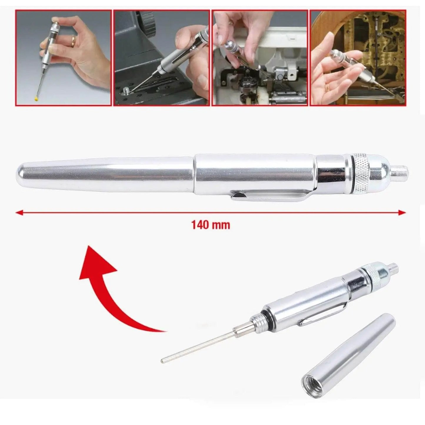 Straight Up Precise Oiler Pen Portable Aluminum Body With Pocket Clip For Machines Cars And Power Tools shown in use and disassembled.
