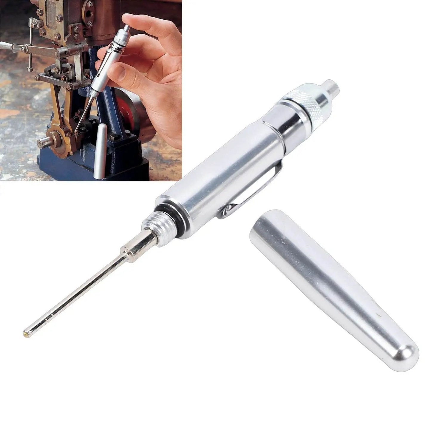 Straight Up Precise Oiler Pen Portable Aluminum Body With Pocket Clip For Machines Cars And Power Tools, showing needle tip and clip.